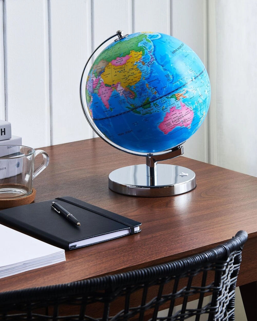 Mappamondo decorativo blu argento supporto in metallo feltrino LED mappa stella 24 cm