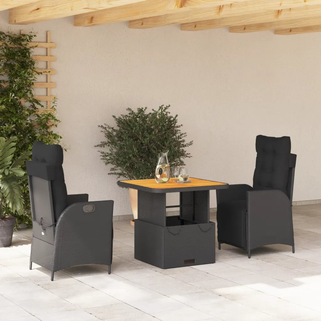 Set da Pranzo da Giardino 3 pz | Set Salotto da Giardino con Cuscini Nero in Polyrattan