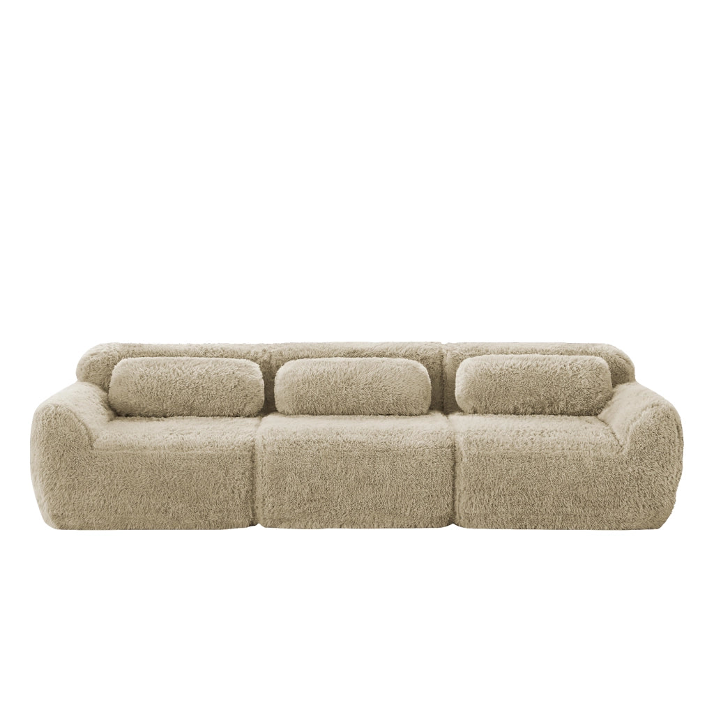 OKWISH Divano Modulare 3 Posti, senza Montaggio con Base Antiscivolo, Cuscini Inclusi, Peluche, Cachi Chiaro