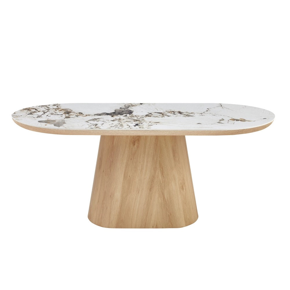 Tavolo Ovale Nordico 200x100 con Piano Effetto Marmo Bianco Arabesque e Base Rovere Naturale – Design Elegante