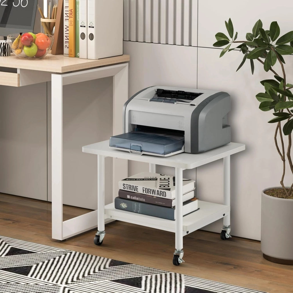 Supporto per Stampante, Carrello Stampante con Ruote Girevoli a 360⁰, Design Rimovibile, Superficie Ampia e Liscia, di Legno e Acciaio, 49 x 40 x 37 cm (Bianco)