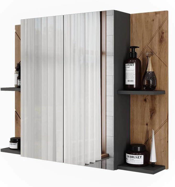 Armadio a specchio per il bagno Irma, Antracite/Artisan, 100 x 75 cm con 2 porte, con specchio e ripiani regolabili