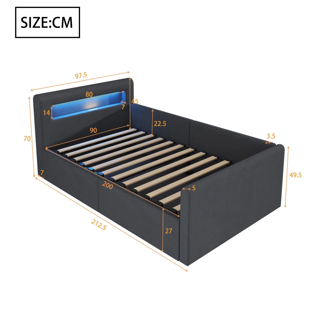 Letto imbottito 90x200 cm con LED; USB e contenitore in velluto grigio