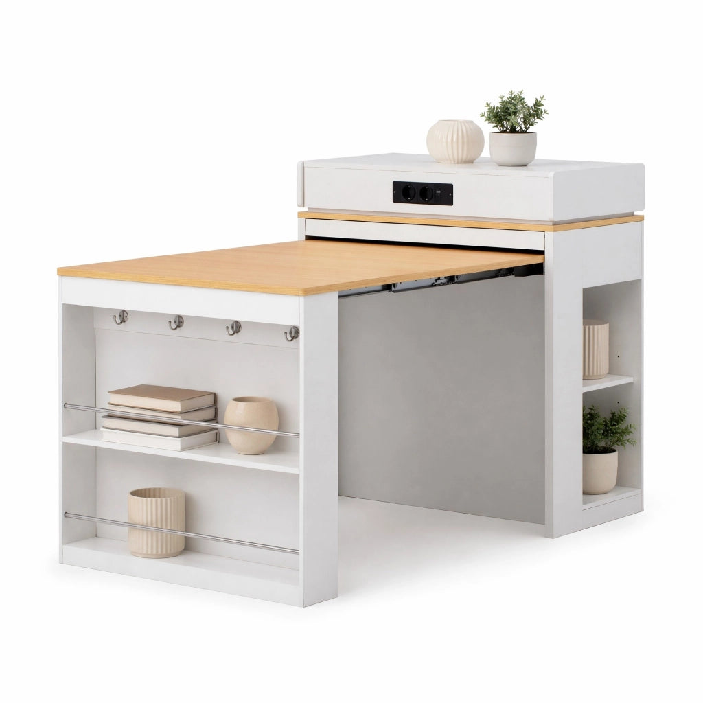 Isola cucina bianca mobile con tavolo estraibile e piano pieghevole, tavolo bar con prese elettriche e ganci, 83x46~146,5x96 cm