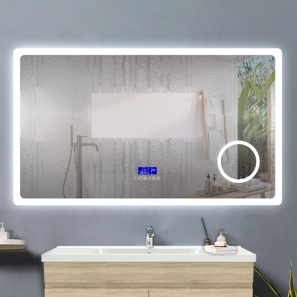 AICA IT Specchio Bagno Rettangolare Da LED 140×80cm, Antiappannamento, Bluetooth, 3 Temperature Colore,Ingrandimento 3x