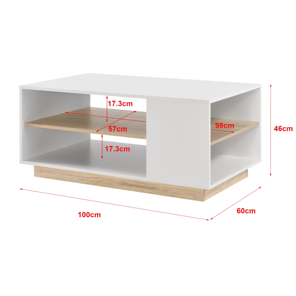 Tavolino Centrale Trelleborg da Salotto con Ripiano 100 x 60 x 46 cm - Bianco/Effetto Rovere [en.casa]