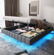 Letto imbottito 180x200 cm sospeso con contenitore e LED; lino; grigio