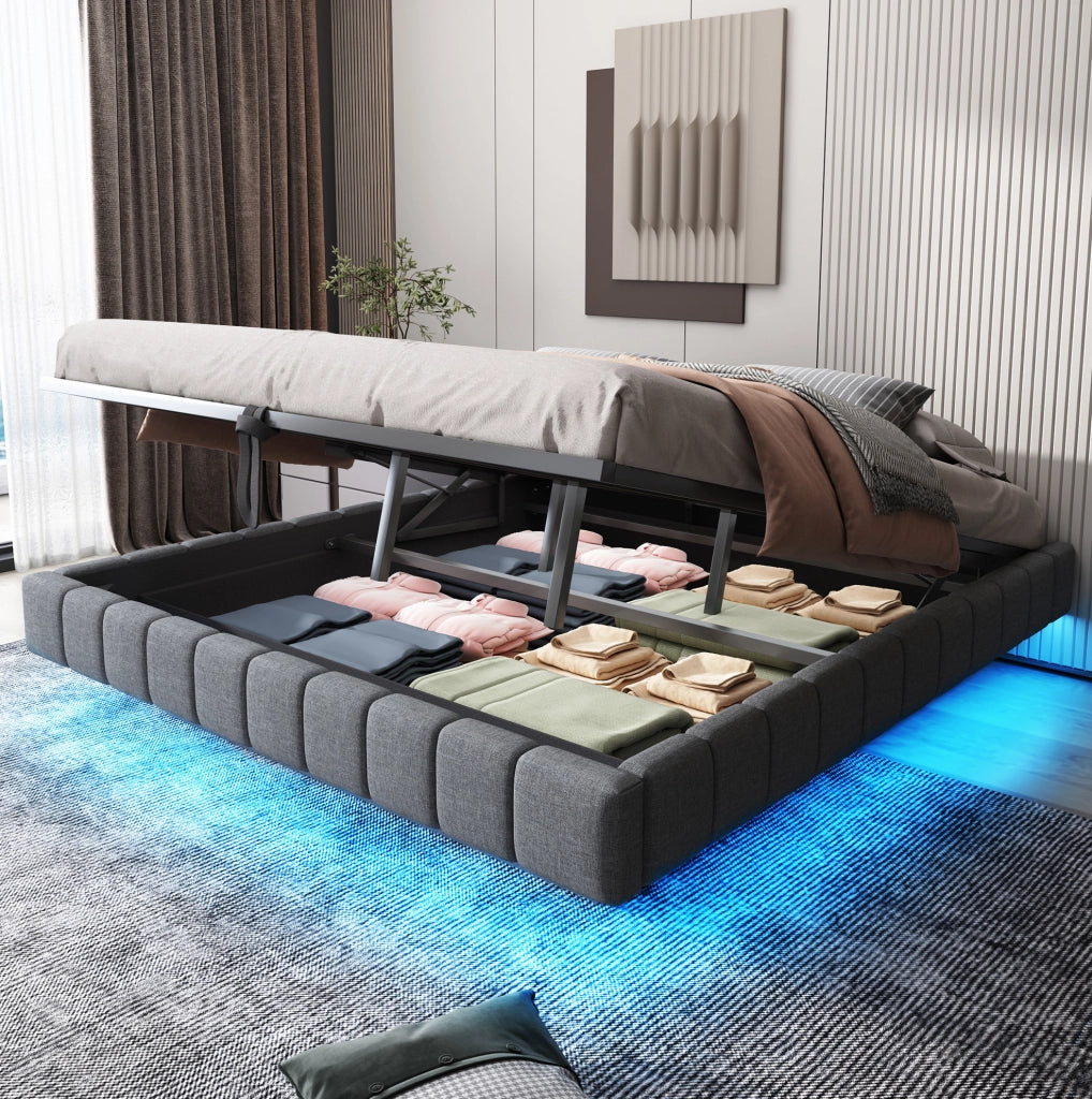 Letto imbottito 180x200 cm sospeso con contenitore e LED; lino; grigio