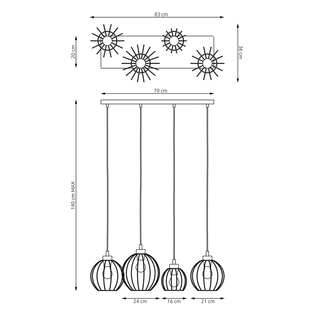Sospensione Minimal Industrial Hathor 4 Luci Lineari Nera