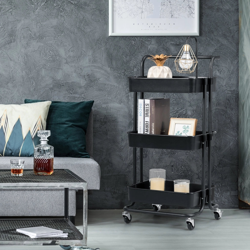 Carrello multifunzione con 3 cesti e maniglia in ABS e ferro da cucina e bagno 42x35x87cm Nero-Carrelli