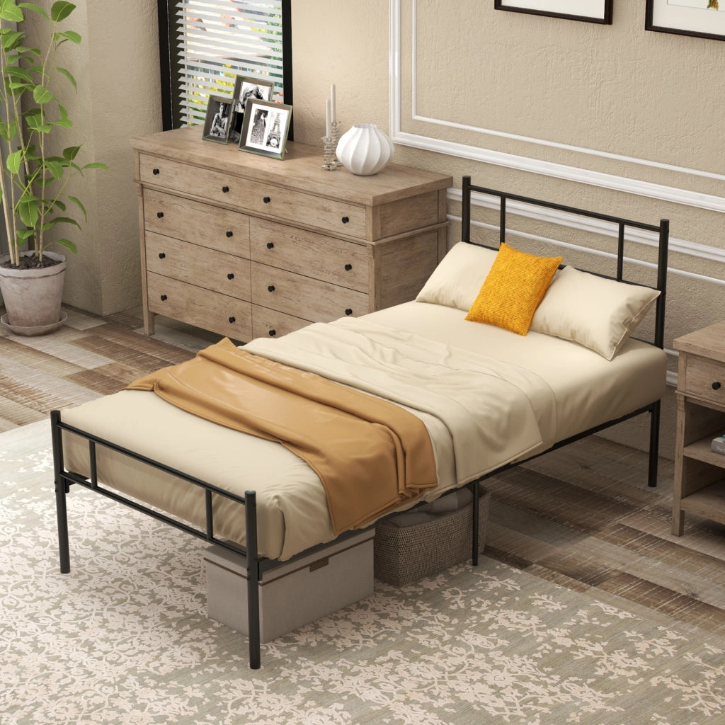 Struttura Letto Singolo in Acciaio 90x200cm con Doghe, Testiera e Pediera, Nero