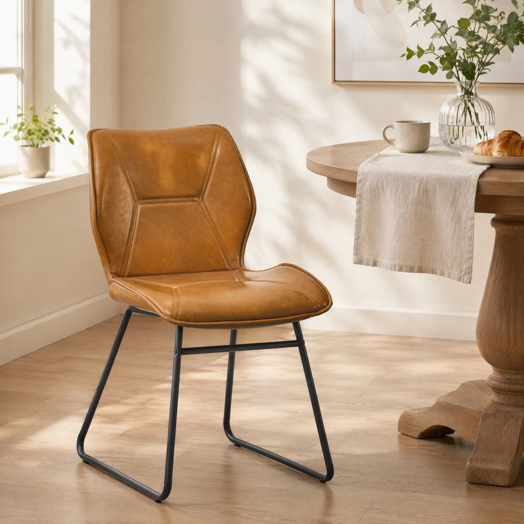 Sedia da Pranzo Set da 2 con Design Ergonomico e Cuciture Decorative, in Similpelle e Metallo Marrone