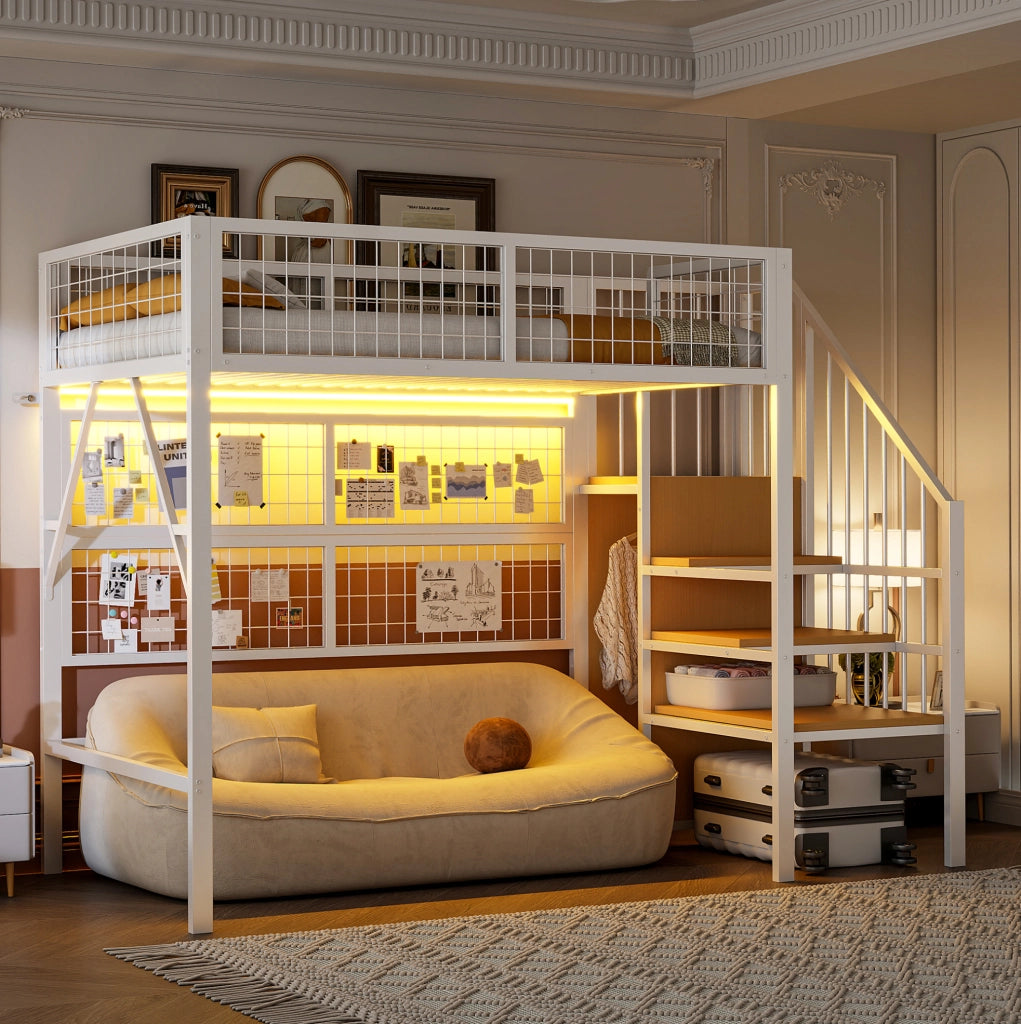Letto a soppalco 90x200 cm con LED e scala con spazio contenitore in metallo bianco