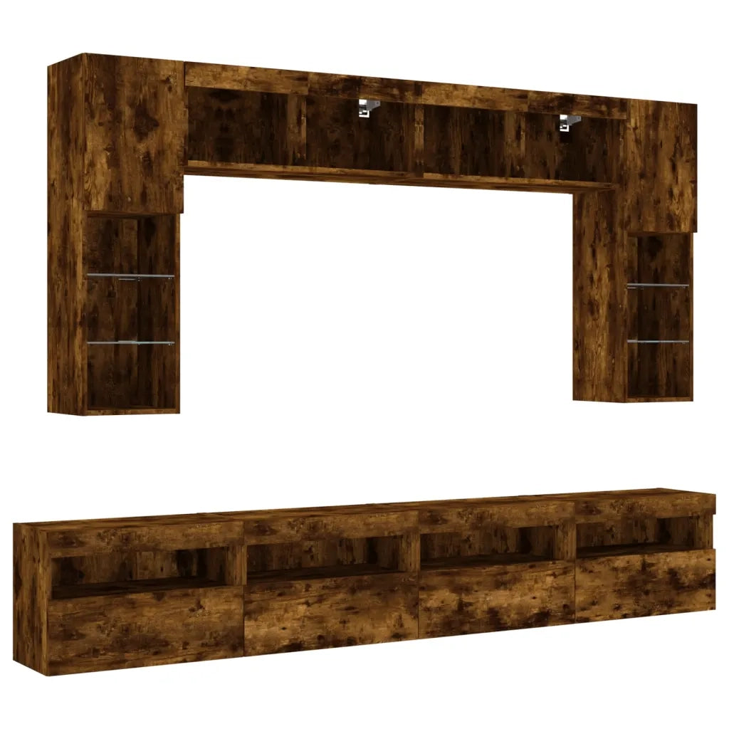 Set Mobili TV a Muro 8 pz con Luci LED Rovere Fumo