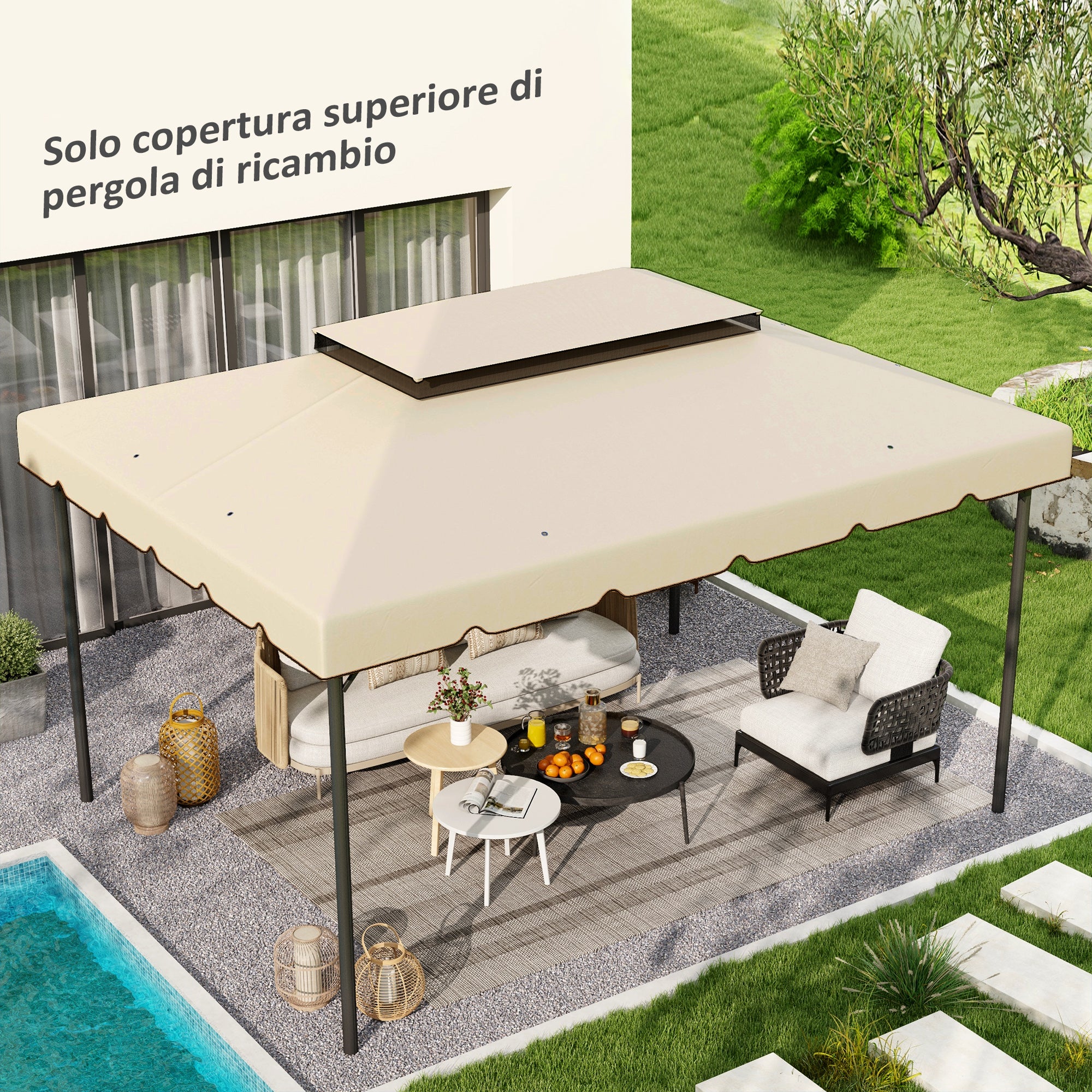 Tetto per Gazebo 3x4 m a 2 Livelli con 8 Fori di Drenaggio in Poliestere Bianco Crema