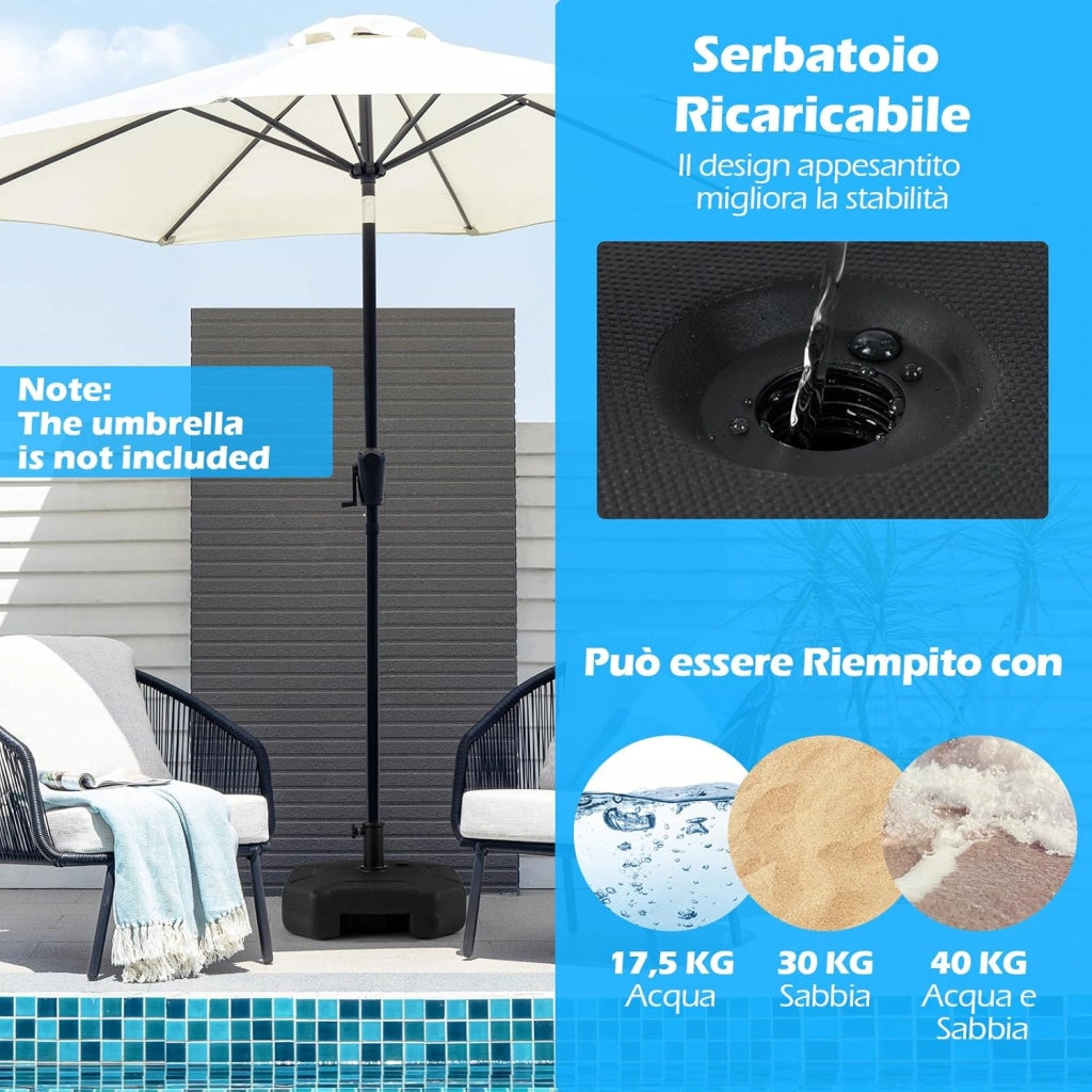 Base per Ombrello Riempibile, Base per Ombrello Pesante 17,5 Litri / 30 kg Riempibile con Acqua o Sabbia, per Poli da Ombrello da 38/48mm, Supporto per Ombrello Giardino Piscina
