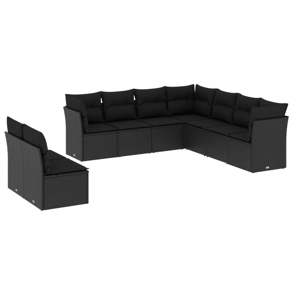 Set Divani da Giardino 9 pz con Cuscini Nero in Polyrattan 3249674