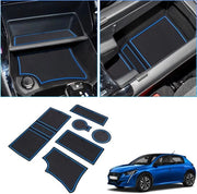 Accessori per Peugeot 208 e-208 2020-2023 2024, mattonelle antislittamento, supporto per bottiglia, supporto per comandi, mattonelle antislittamento per console centrale, supporto per braccio, portaoggetti, cassetto di stoccaggio blu