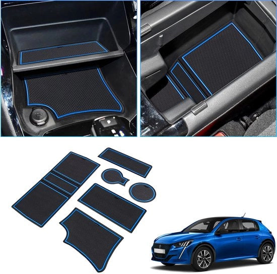 Accessori per Peugeot 208 e-208 2020-2023 2024, mattonelle antislittamento, supporto per bottiglia, supporto per comandi, mattonelle antislittamento per console centrale, supporto per braccio, portaoggetti, cassetto di stoccaggio blu