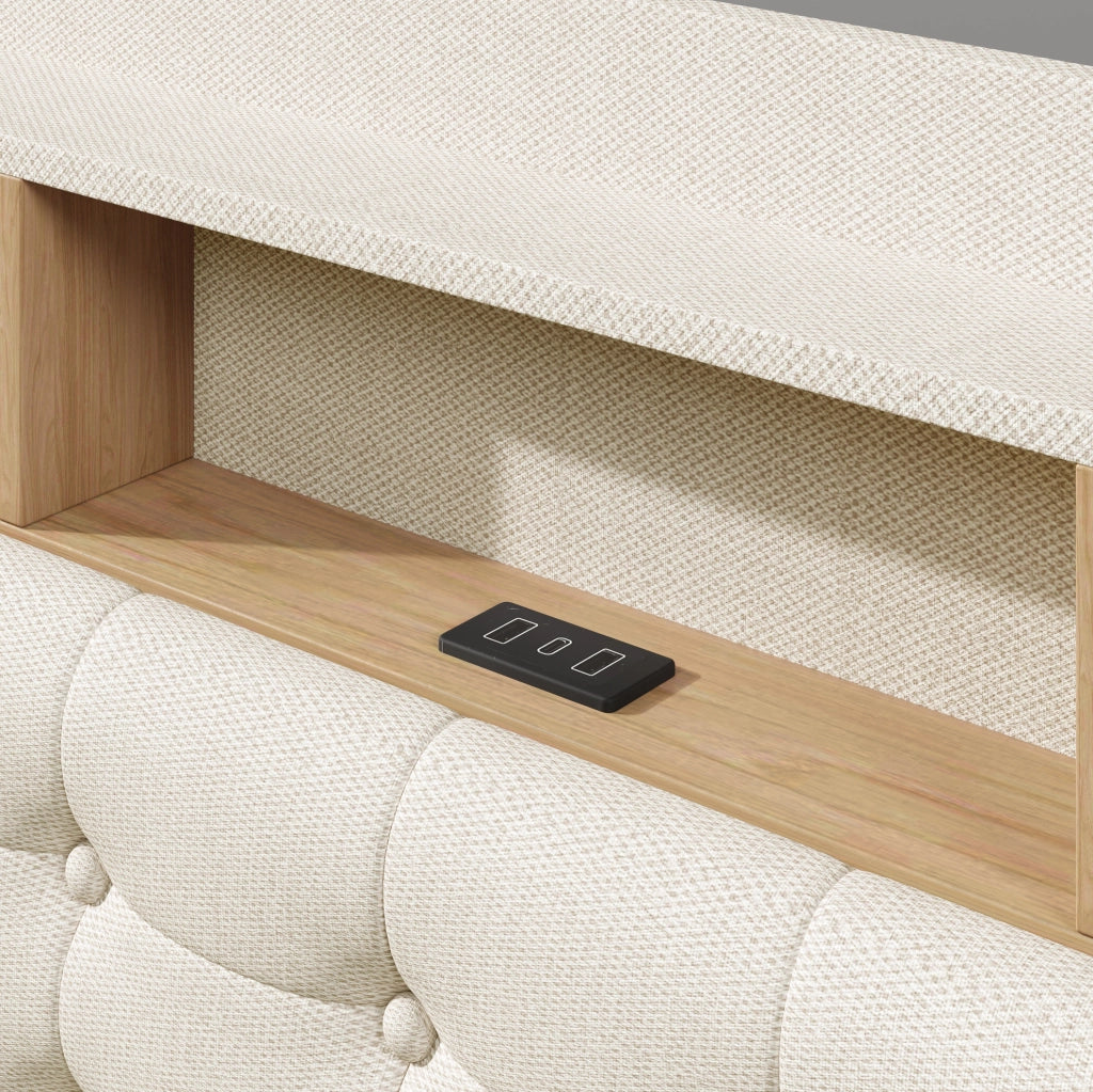 Letto imbottito 180x200 cm in lino beige con LED; contenitore idraulico; USB e Type-C