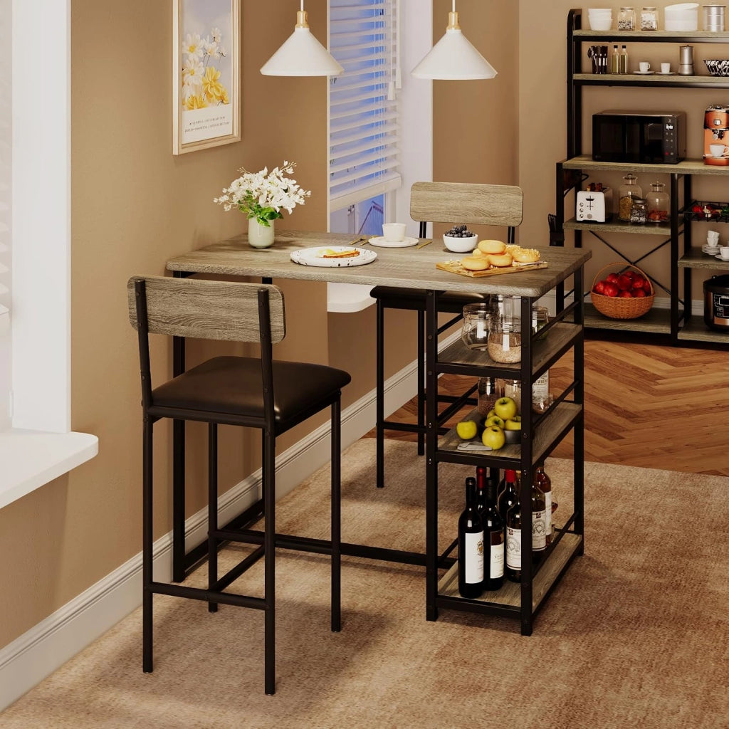Set da pranzo a 3 pezzi per 2 persone: tavolo alto con 3 ripiani + 2 sedie imbottite - stile rustico - grigio