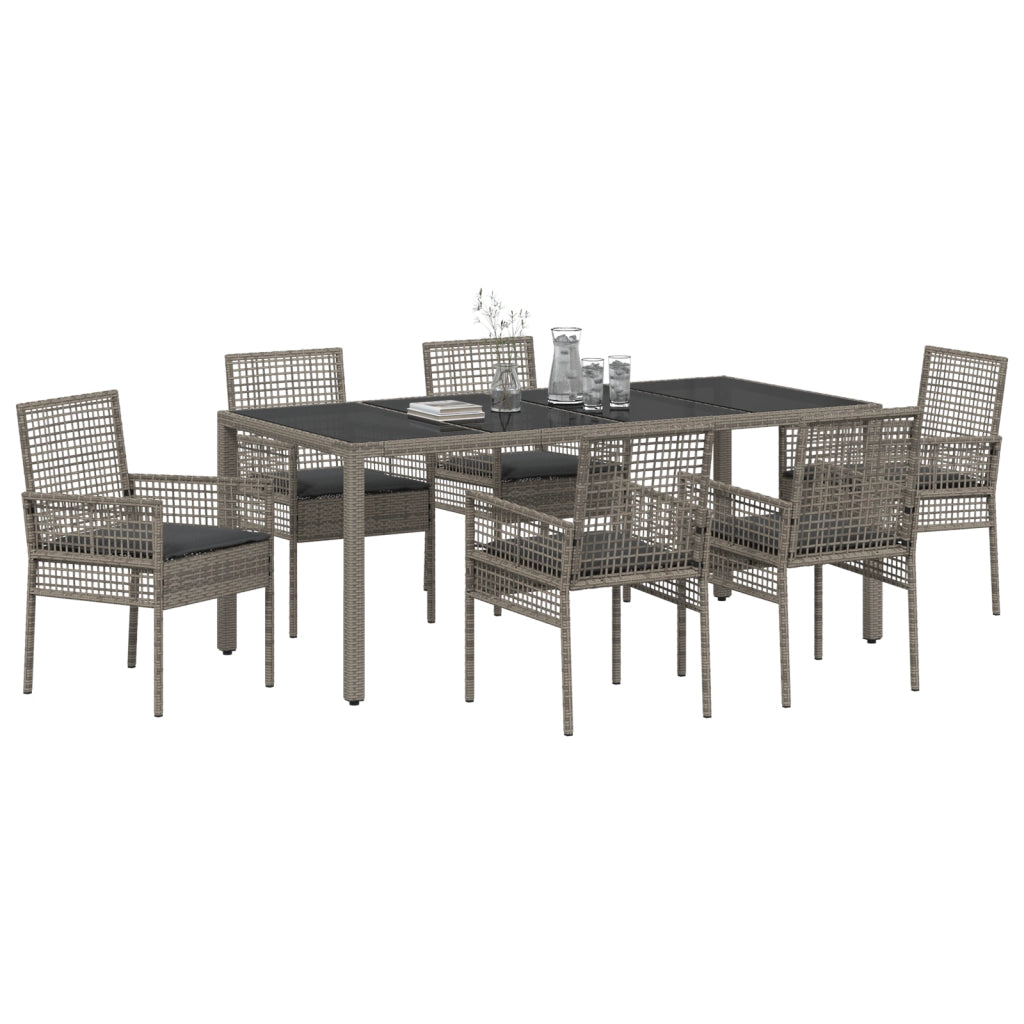 Set da Pranzo per Giardino da 7 Pezzi con Cuscini Grigio Polyrattan