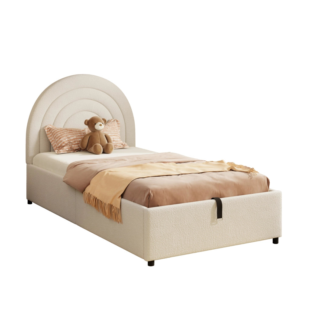 Letto singolo 90x200 cm con contenitore idraulico; tessuto bouclé beige