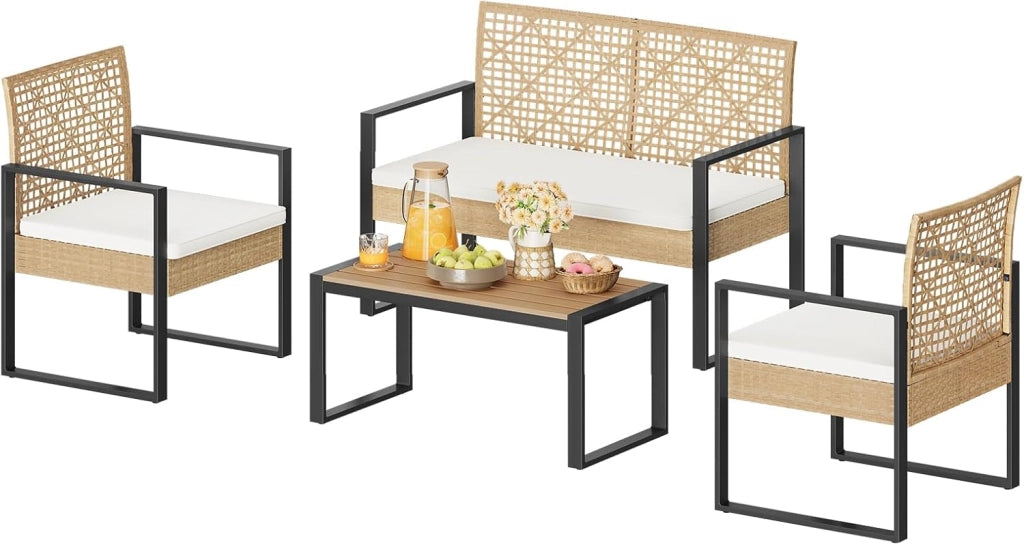 Set di Mobili da Esterno, Tavolo, Divano a 2 Posti e 2 Poltrone con Cuscini Rimovibili, Salotto da Giardino, Resistente alle Intemperie, per Terrazza, Balcone, Colore Legno Naturale