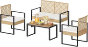 Set di Mobili da Esterno, Tavolo, Divano a 2 Posti e 2 Poltrone con Cuscini Rimovibili, Salotto da Giardino, Resistente alle Intemperie, per Terrazza, Balcone, Colore Legno Naturale