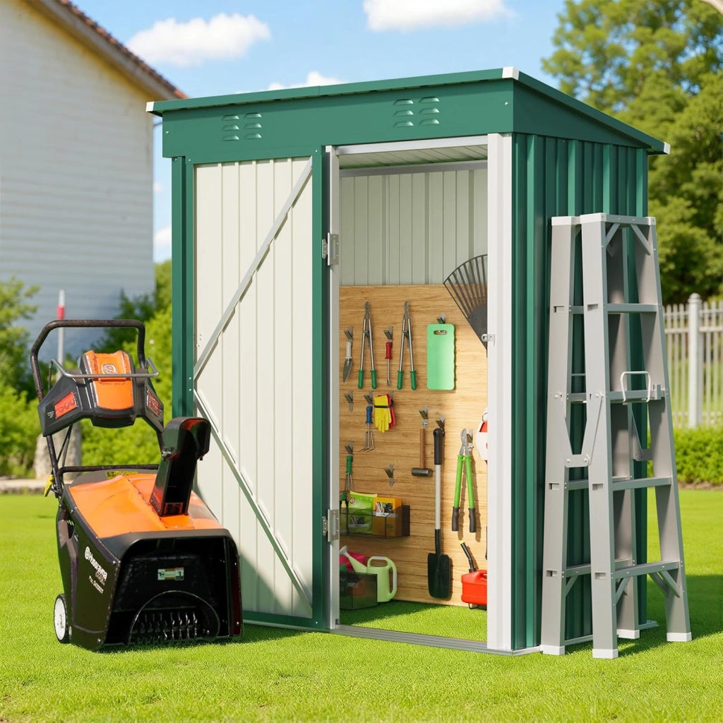 Casetta per attrezzi in metallo,Capanno per Attrezzi da Giardino in Metallo con Ripiani Regolabili, Tetto Inclinato, Prese d'Aria,per Prato, Patio e Cortile180x162x95 CM,Verde