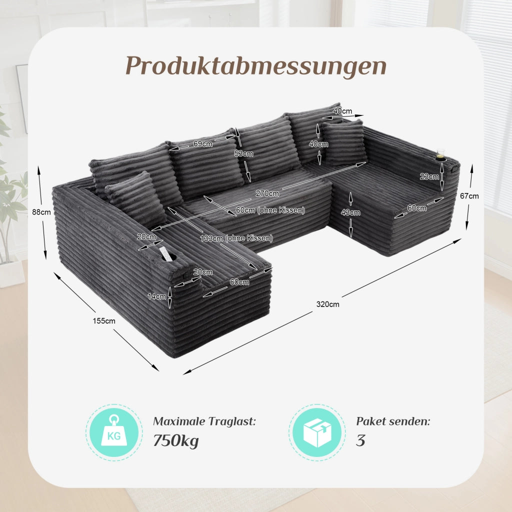 DIVANO modulare a U 320x155x88 cm in corduroy grigio scuro