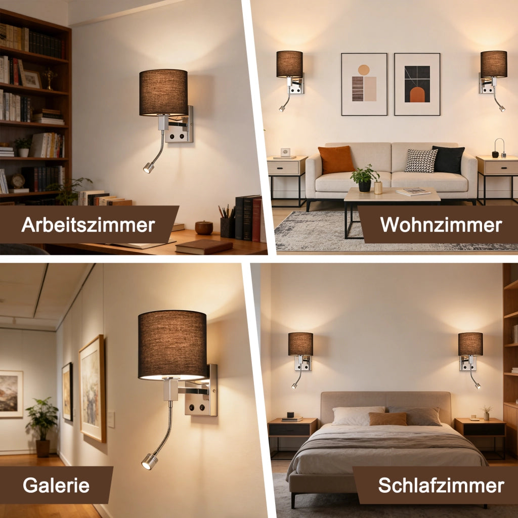 ZMH Lampada da Parete Nera Orientabile con Paralume in Tessuto Rotondo E27 per Camera da Letto Corridoio