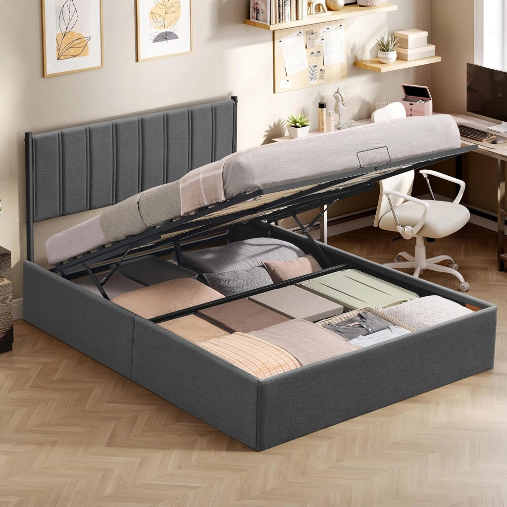 VASAGLE Struttura Letto, 160 x 200 cm, Letto Sollevabile con Contenitore, Testiera, Sollevamento Idraulico, Moderno e Semplice, Montaggio Facile, Beige Cappuccino RMB615LH01