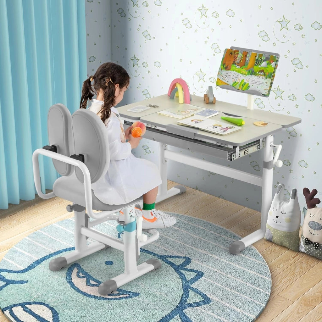 Scrivania per Bambini, Tavolo per Studenti con Regolabile in Altezza, con Piano Ribaltabile, Libreria, Cassetti e Righello di Misurazione, Ergonomica, Ideale per Bambini 3-12 Anni (Grigio)