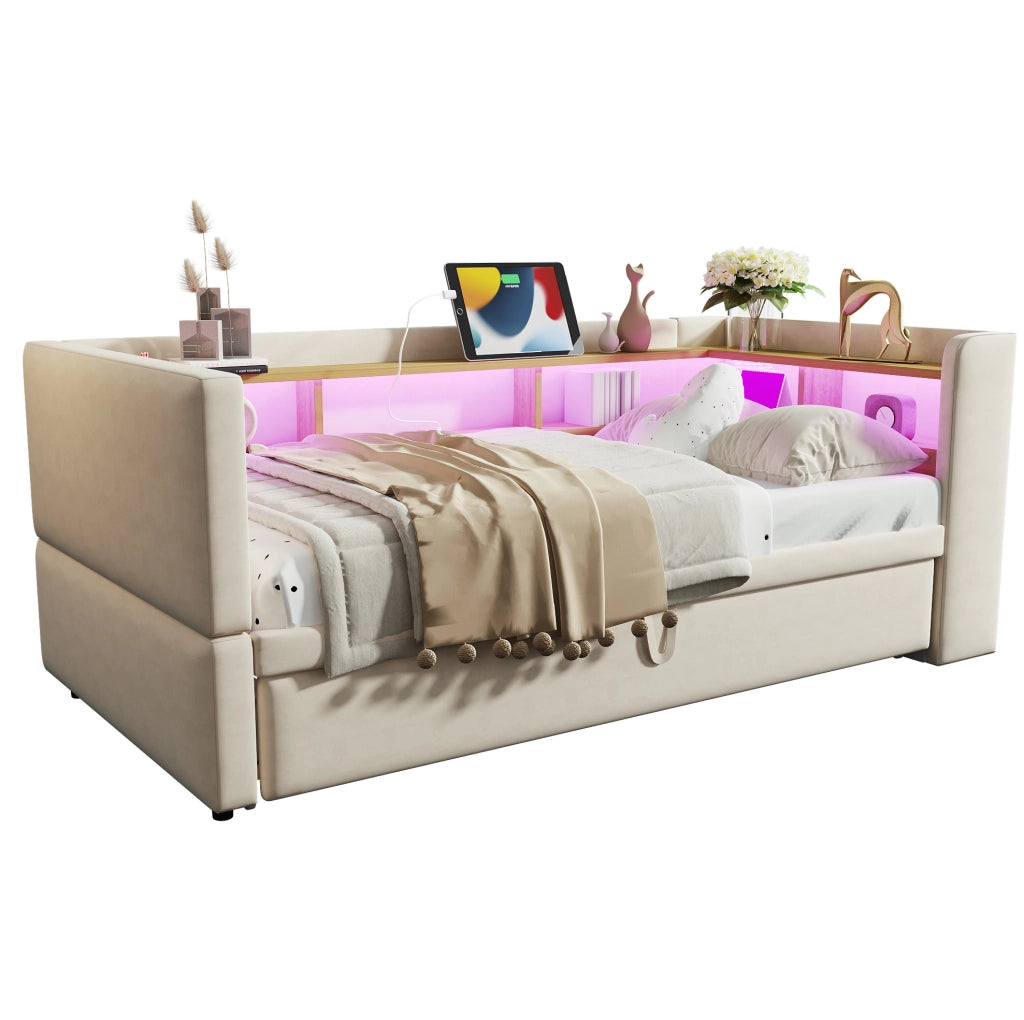 Divano letto 90/180x190 cm con LED; prese e vani portaoggetti in flanella beige