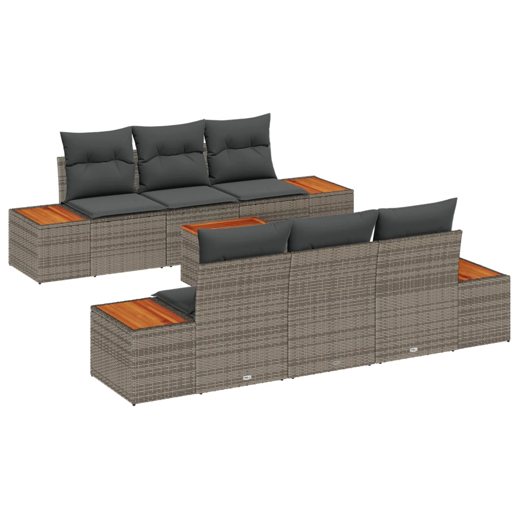 Set Divano Giardino 7 Pezzi Cuscini Grigio Polyrattan Acacia