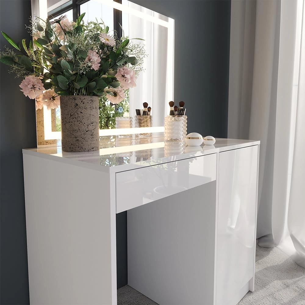 Tavolo da toeletta Sherry, Bianco/bianco lucido, 89.8 cm con specchio LED