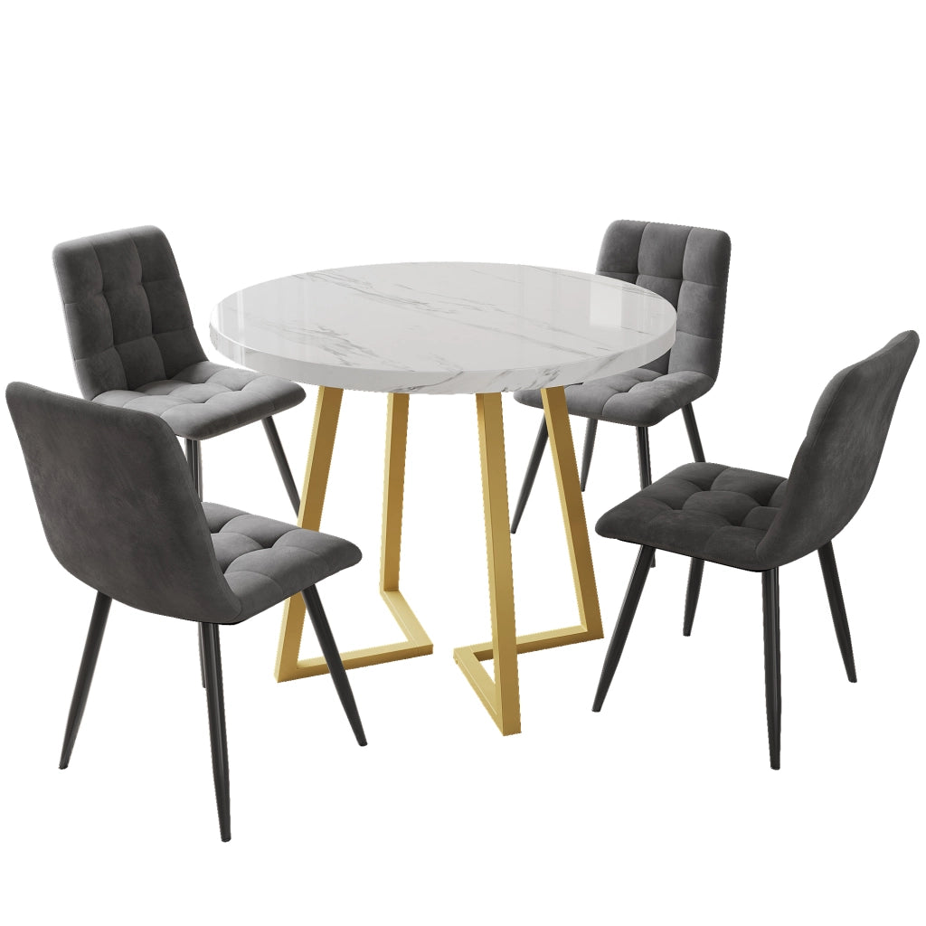 Tavolo da pranzo per 4 persone con 4 sedie, piano rotondo con motivo marmo, gambe in metallo per cucina