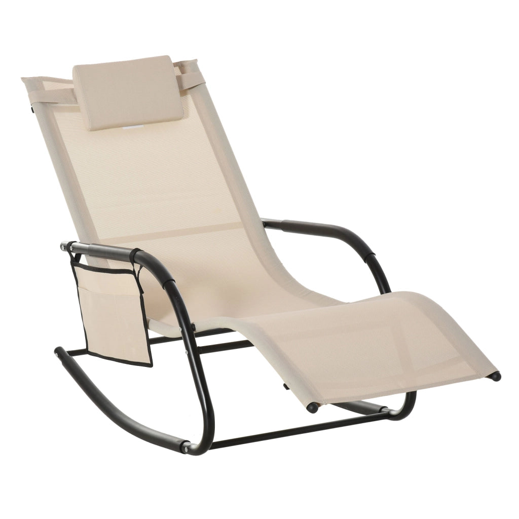 Sedia a dondolo con schienale imbottito in metallo beige, tasca laterale e cuscino, 88 × 62 × 150 cm