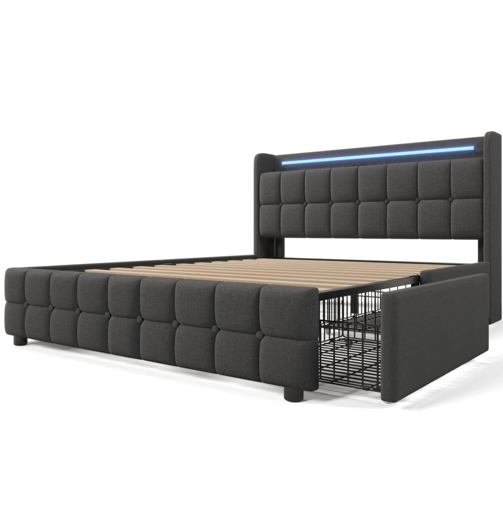 Letto matrimoniale 160x200 cm con LED; prese USB e 4 cassetti; legno grigio