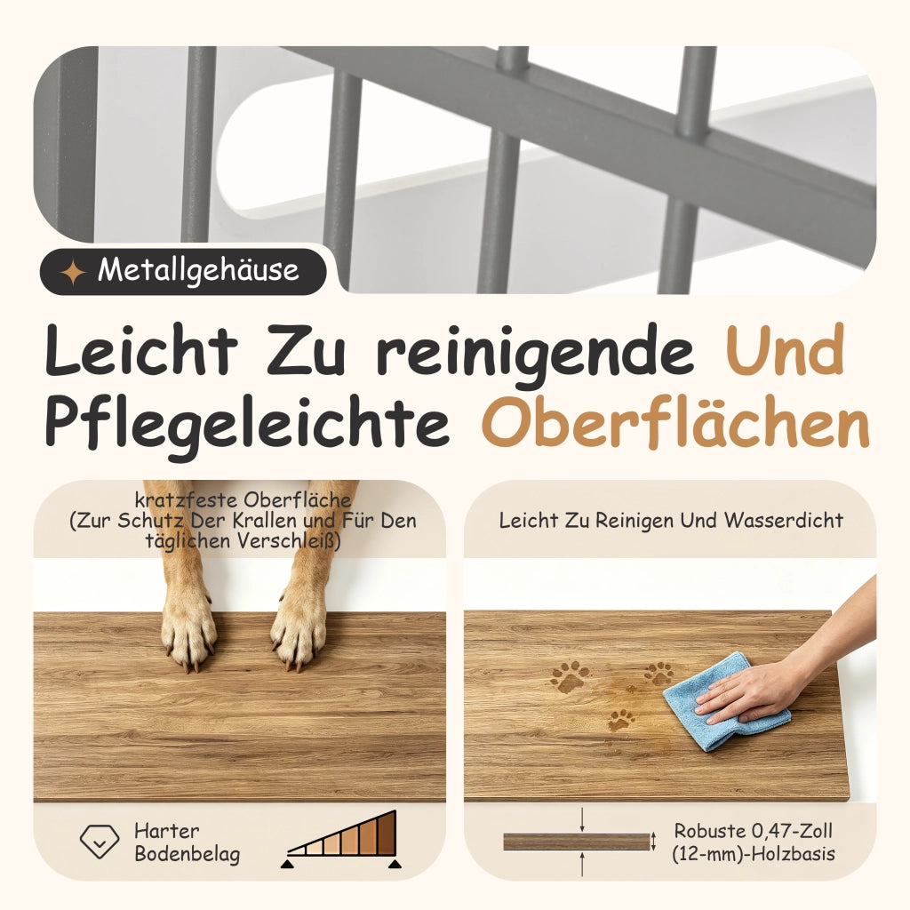 Scaffale 2 in 1 per cani con ciotole in acciaio rialzate struttura in MDF e metallo bianco e rovere chiaro