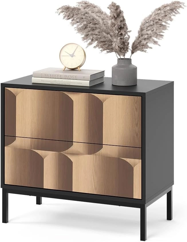 Comodino camera da letto Eliza, Nero/quercia, 66 x 60 cm con 2 cassetti