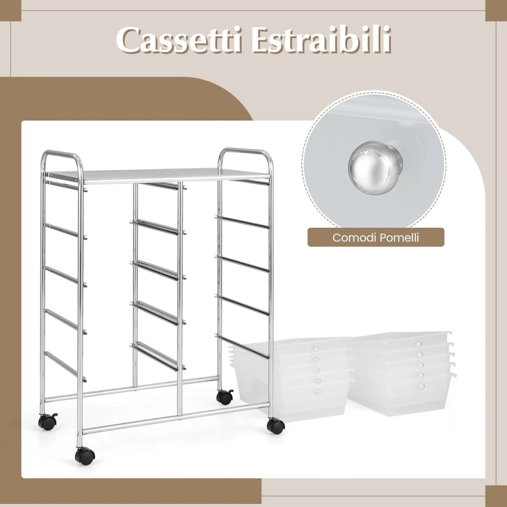 Carrello a 10 Cassetti con Ruote, Carrello di Stoccaggio con Stabilità Elevata, Carrello Multiuso per Casa Ufficio e Scuola, 65,5 x 37 x 87 cm (Trasparente)
