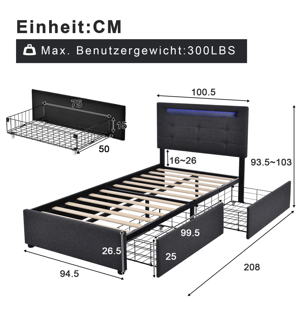 Letto singolo imbottito 90x200 cm grigio con LED, cassetti e materasso