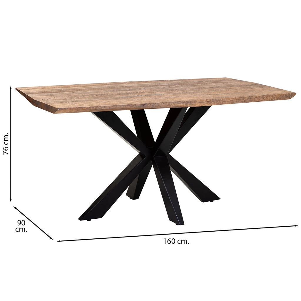 Tavolo da pranzo bordo conico in legno di acacia con finitura ruggine 160x90x76