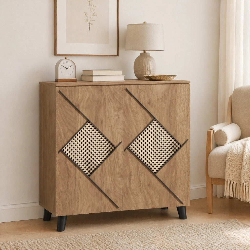 SCARPIERA 80x32x91 cm Effetto legno con motivo rattan, ante chiuse