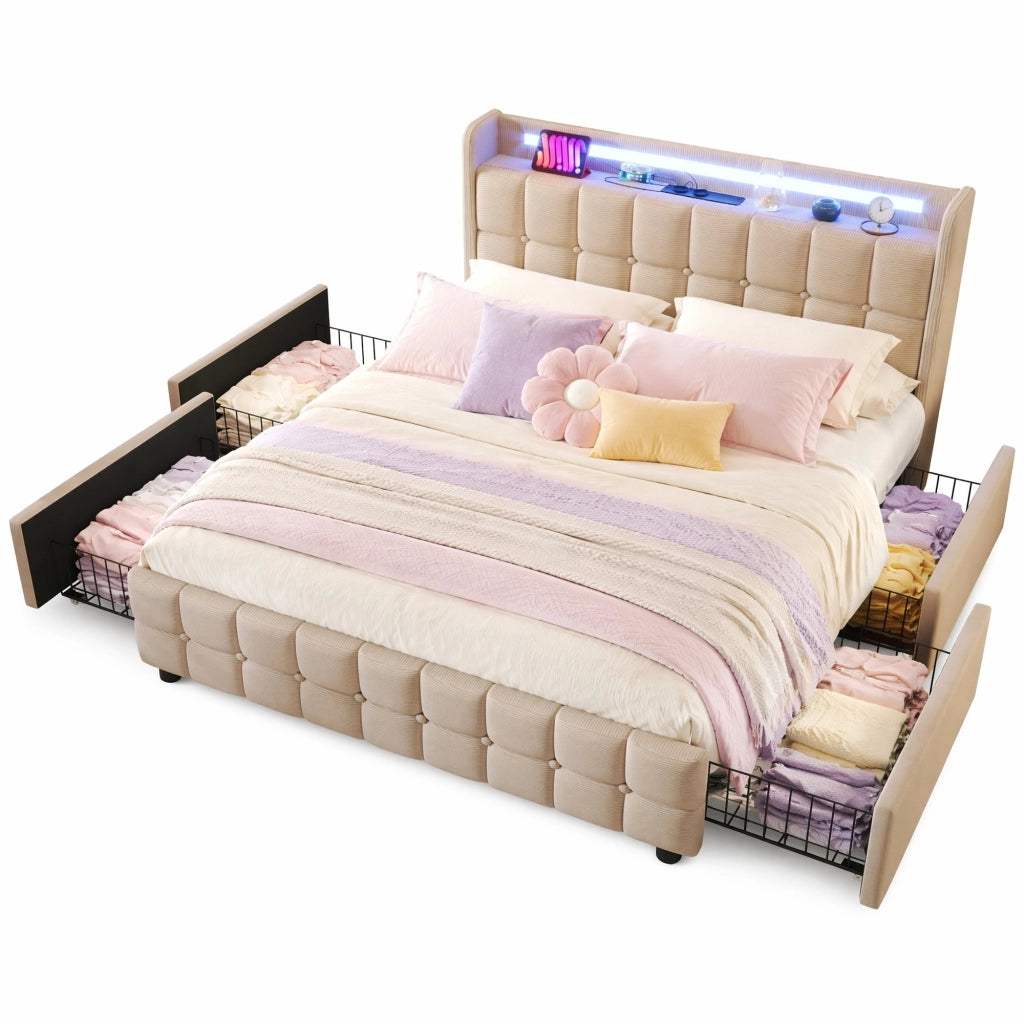 Letto matrimoniale 140x200 cm beige con prese USB; LED e 4 cassetti contenitore