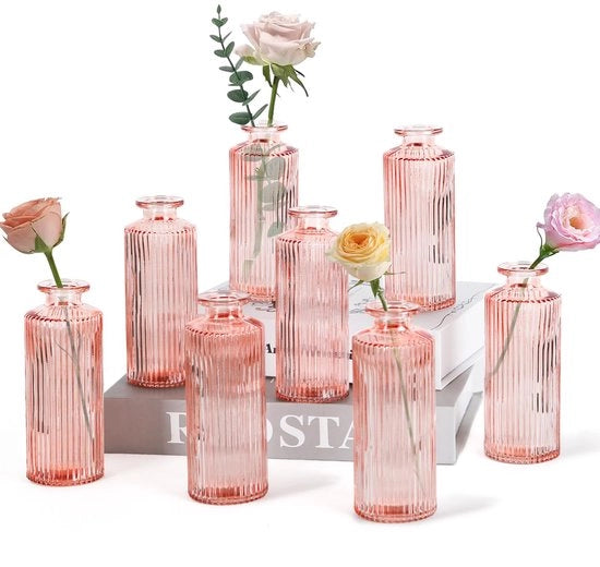 Vasi da tavolo in vetro, 8 pezzi, mini vasi per decorazione di tavola, fioriere in vetro per casa, matrimoni, compleanni e feste (rosa verticale)