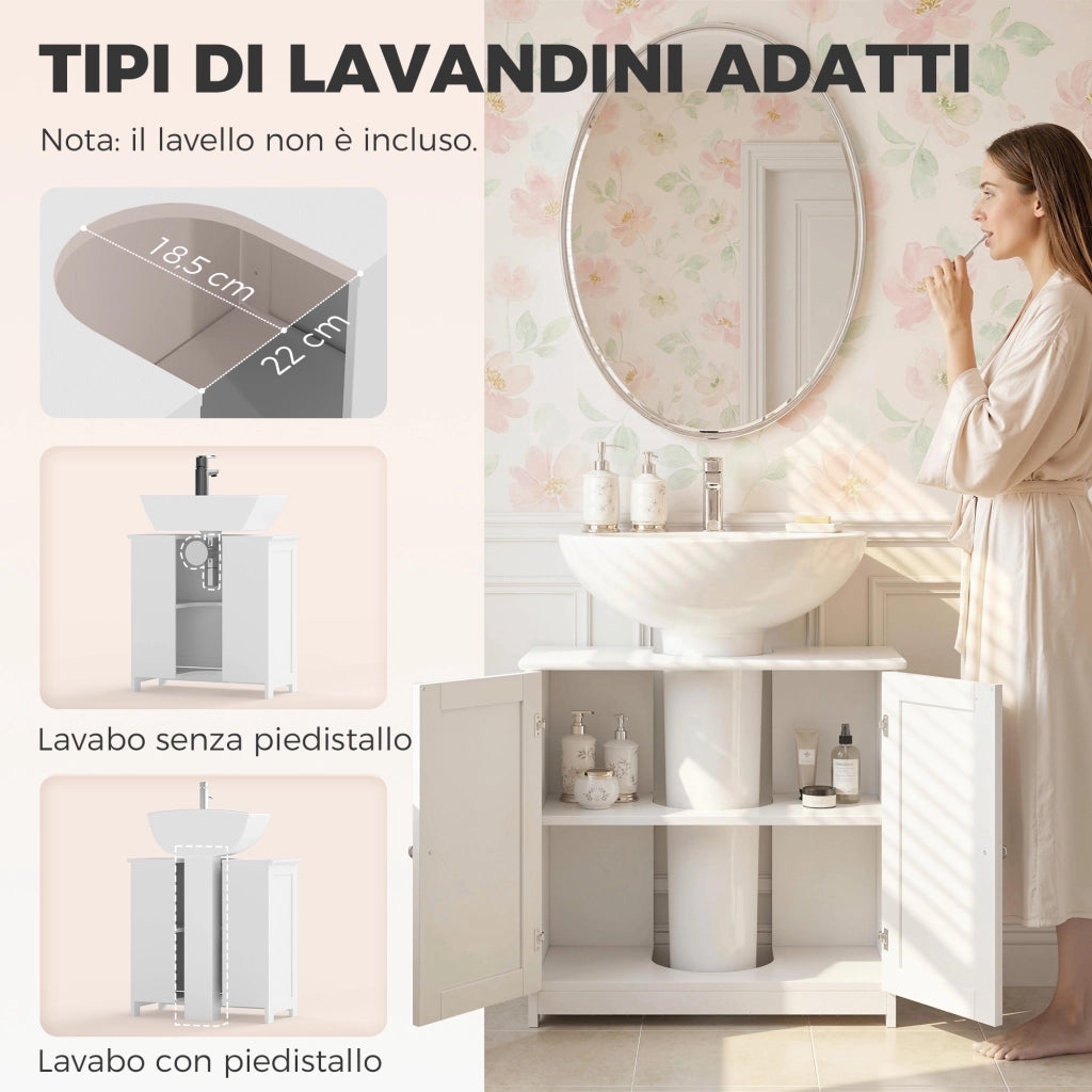 Mobile Sottolavabo a 2 Ante con Ripiano Regolabile e Intaglio a U, 60x30x60 cm, Bianco