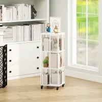 Libreria Moderna a 3 Ripiani in Metallo a Rete con Ruote, 35x35x99 cm, Bianco